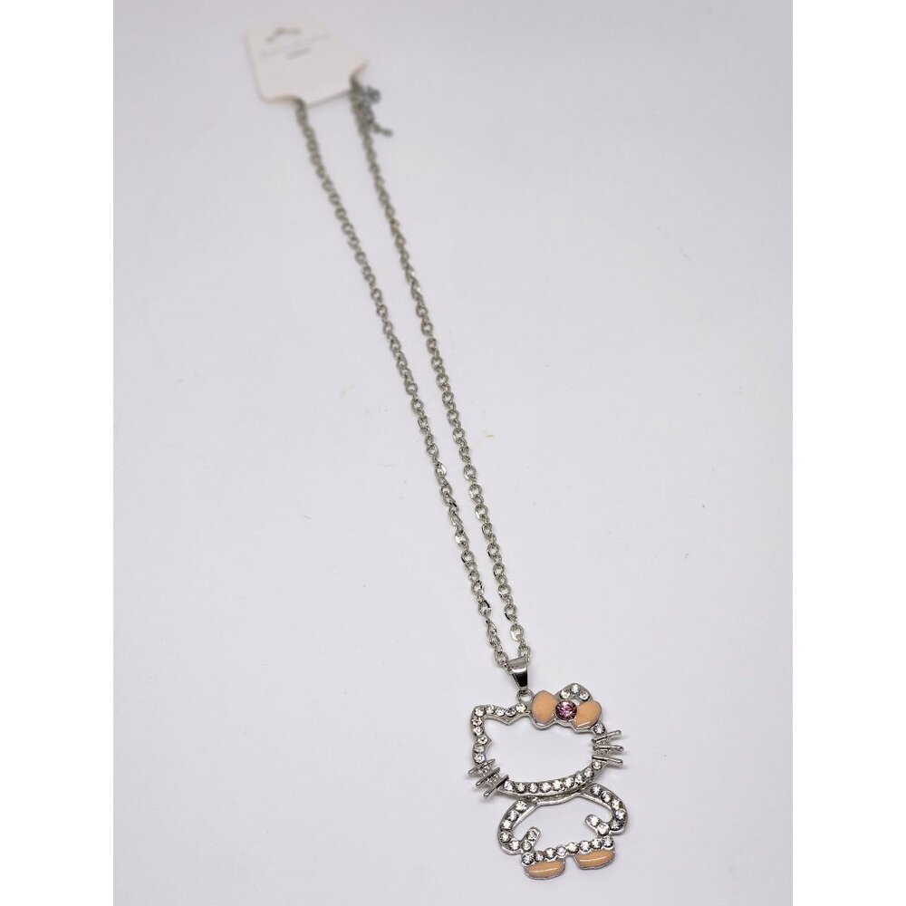 NWT Hello Kitty Rhinestone Pendant Women's Necklace Pink Bow Silver Chain 22" - Picture 4 of 5